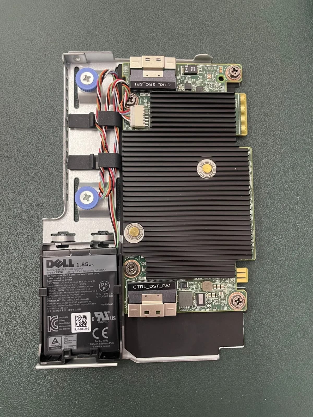 Dell storage controller module with heat sink, connectors and attached battery