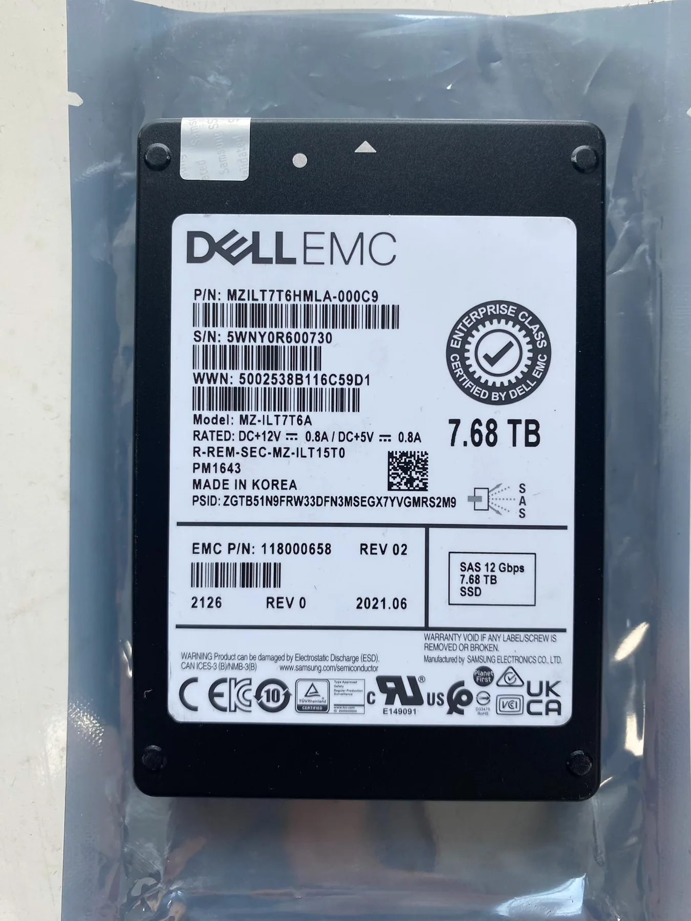 Dell EMC 7.68TB SAS SSD label with Samsung PM1643 model identifiers