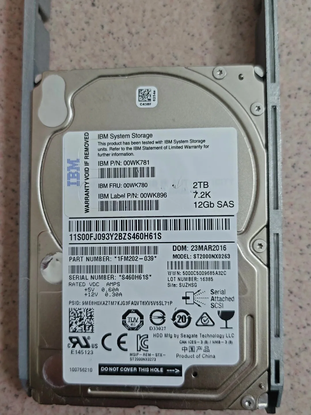 IBM System Storage 00WK781 and 00WK780 2TB 7.2K 12Gb SAS drive label
