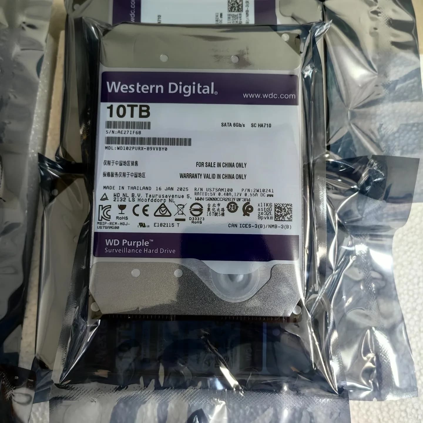 Western Digital WD Purple WD102PURX 10TB surveillance HDD label