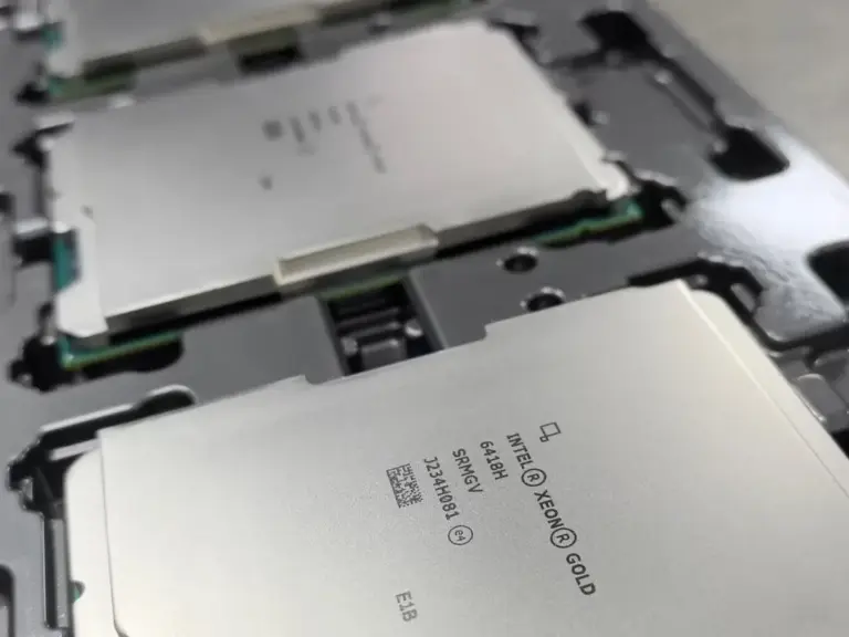 Intel Xeon server CPUs in protective trays for visual inspection
